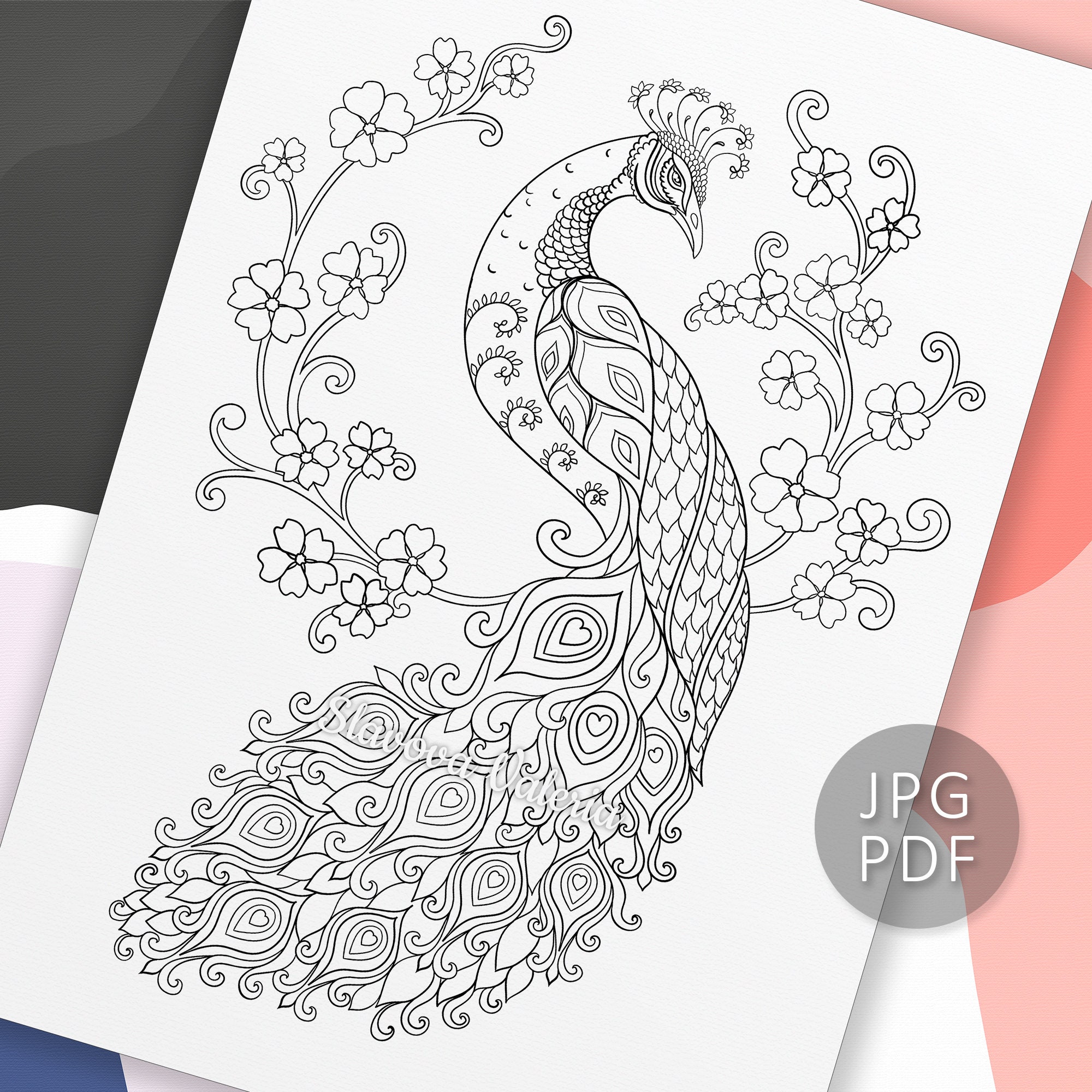 Peacock coloring page instant download pdf download printable coloring page