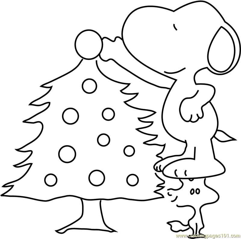 Snoopy decorating christmas tree coloring page for kids