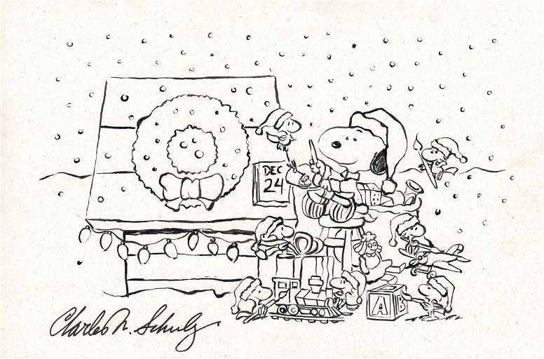 Snoopy original christmas drawing with full charles m schulz signature