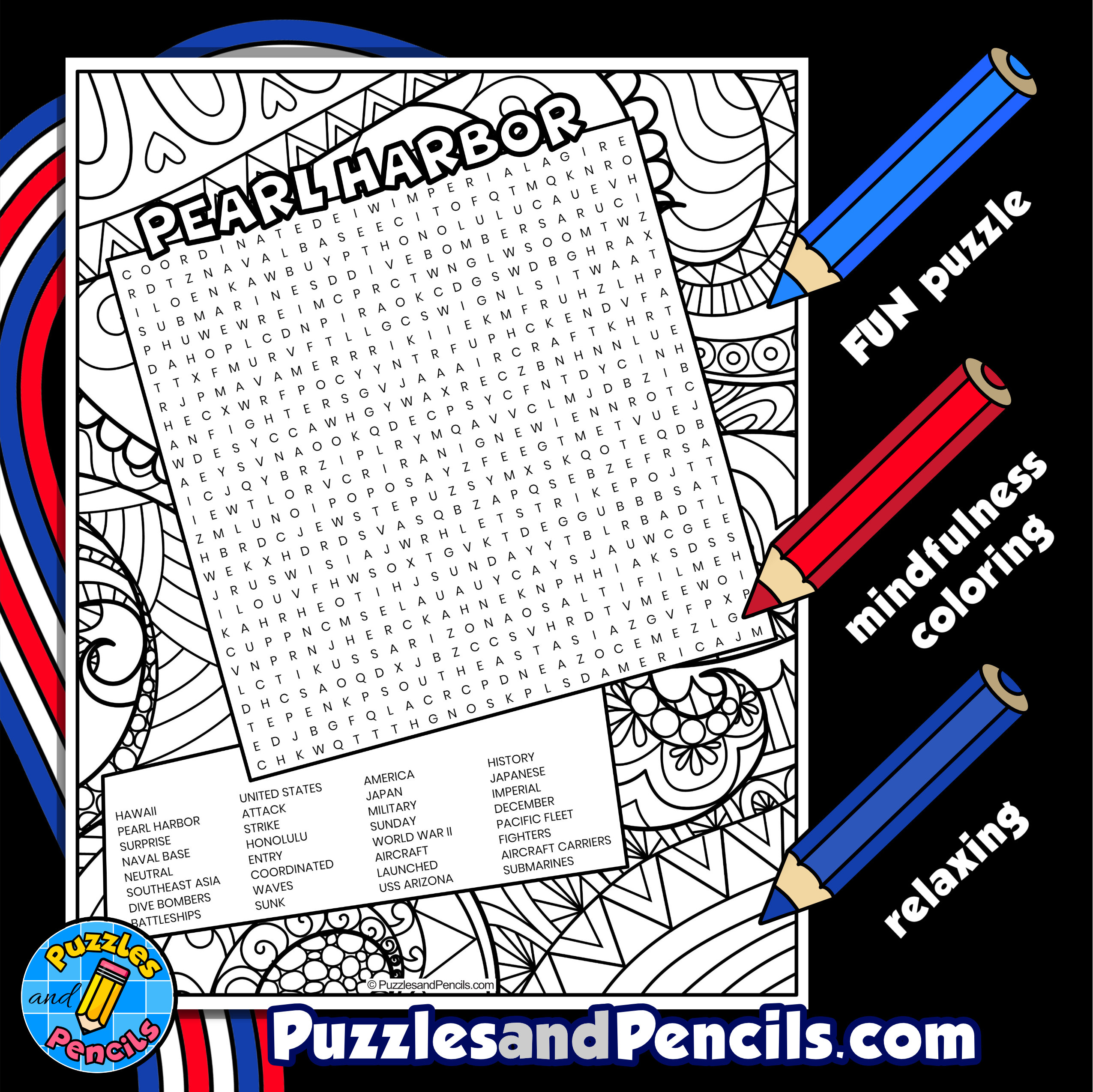 Pearl harbor word search puzzle activity page with coloring made by teachers