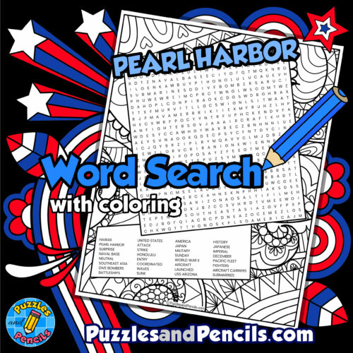 Pearl harbor word search puzzle activity page with coloring made by teachers