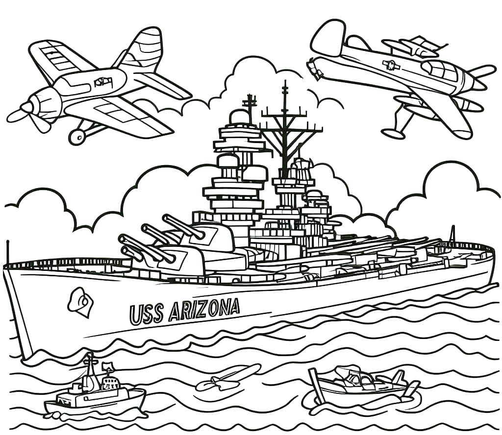 Pearl harbor ship and planes coloring page
