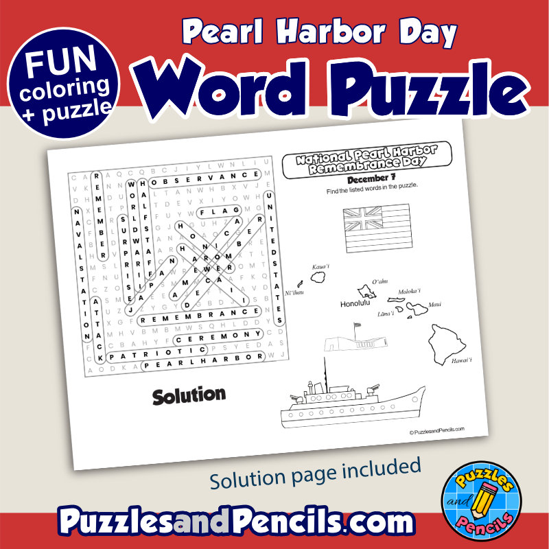Pearl harbor word search puzzle activity page with coloring wordsearch made by teachers