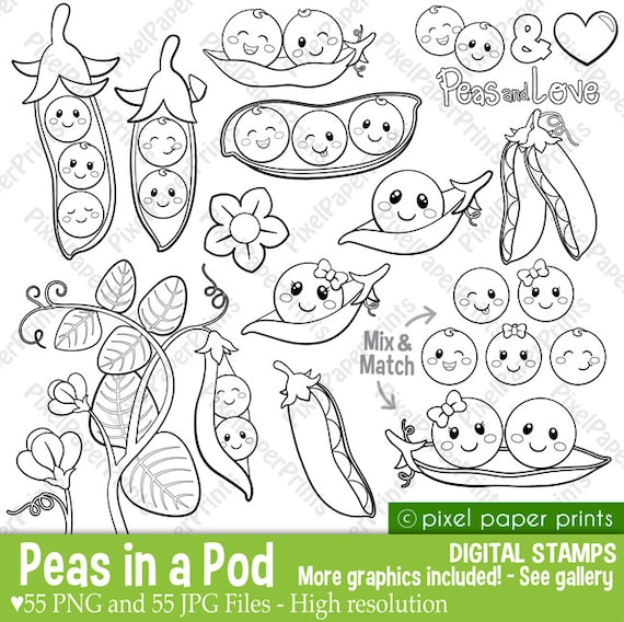 Peas in a pod clipart digital stamps line art graphics to create coloring pages worksheets crafts more png and jpg printable