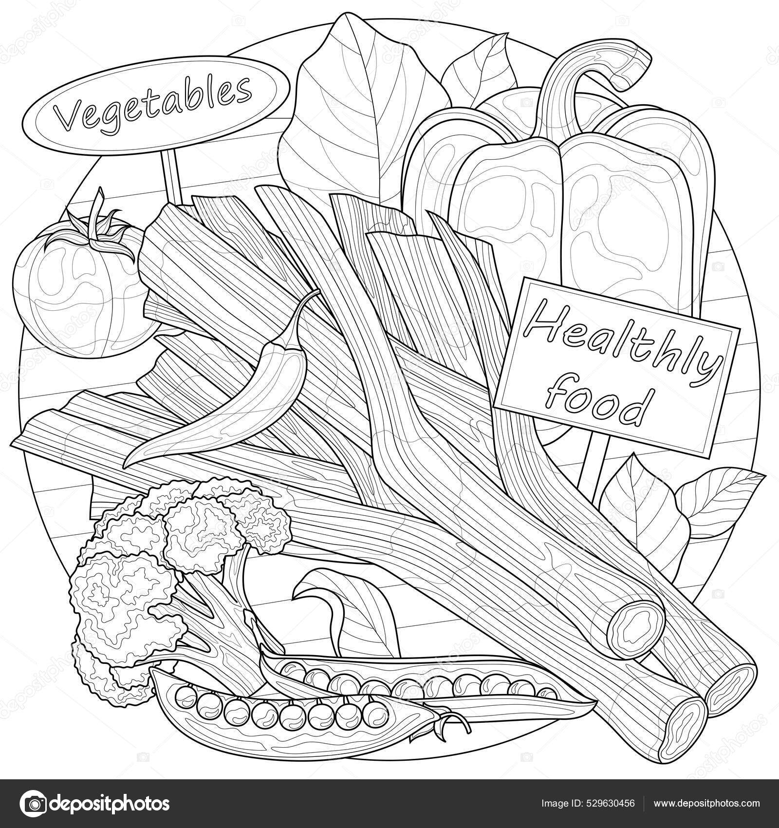 Vegetables leeks peppers peas coloring book antistress children adults zen stock vector by vlasenkoekaterinkagmail