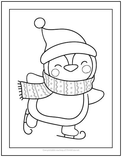 Colorful winter fun with ice skating penguin coloring page