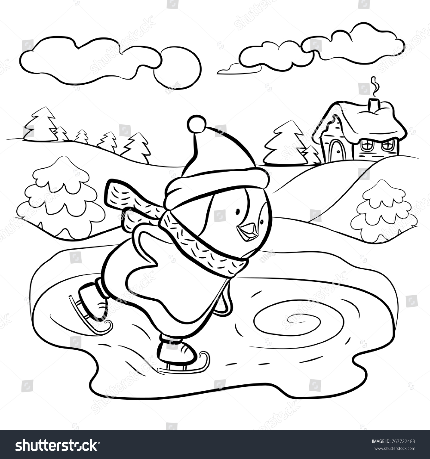Kids coloring page penguin ice skater stock vector royalty free