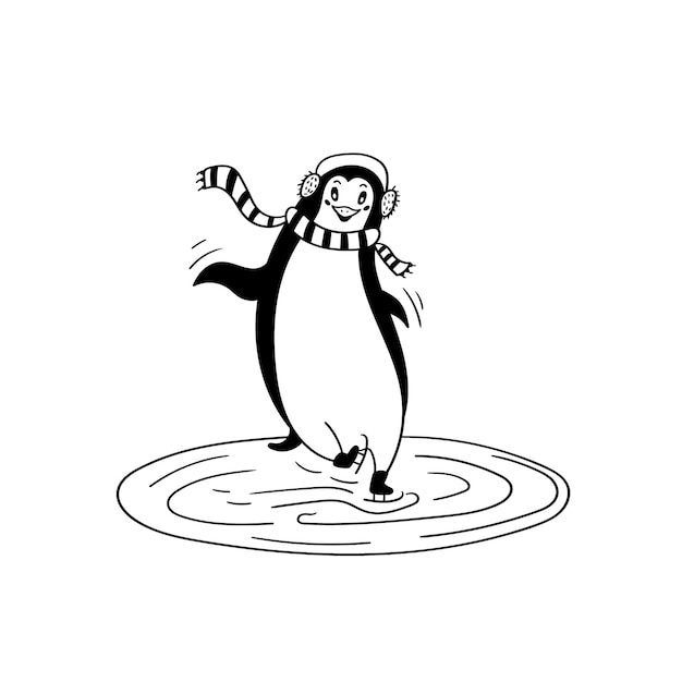 Premium vector penguin ice skating black and white vector funny animal graphic