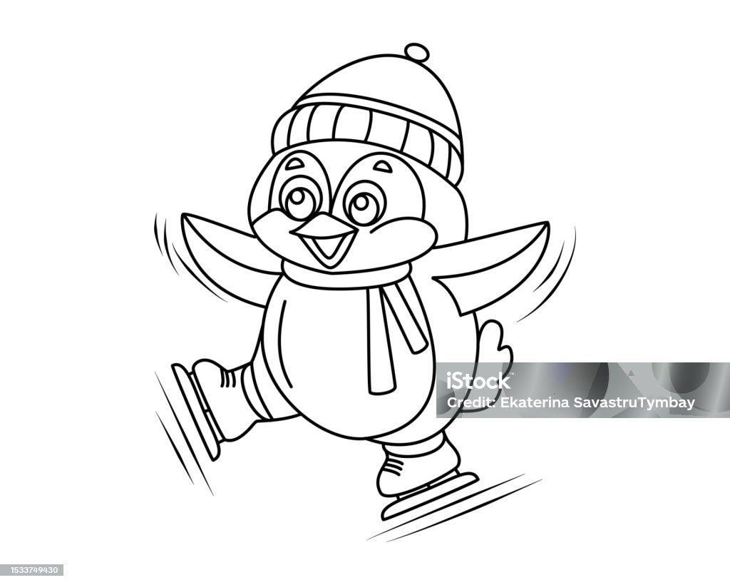 Funny penguin skating on ice skates stock illustration