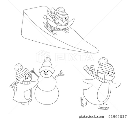 Outline penguin in hat and scarf make snowman