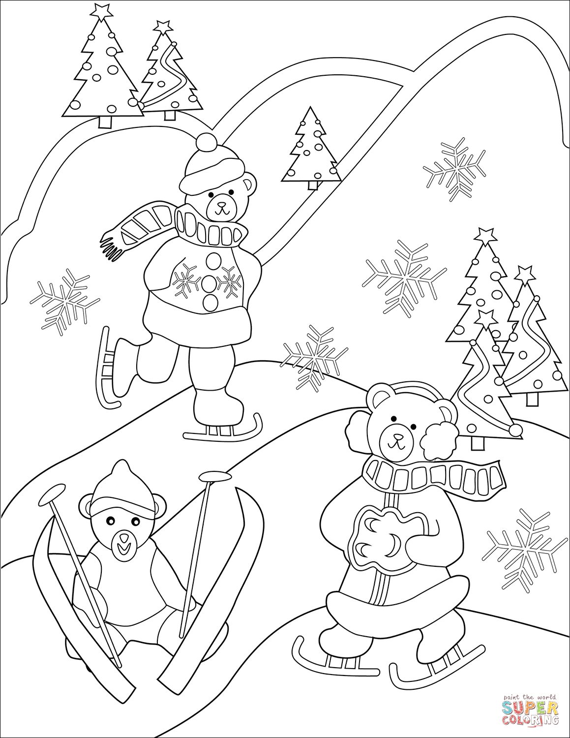 Skating and skiing bears coloring page free printable coloring pages