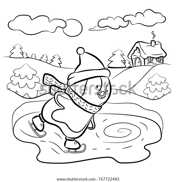 Kids coloring page penguin ice skater stock vector royalty free