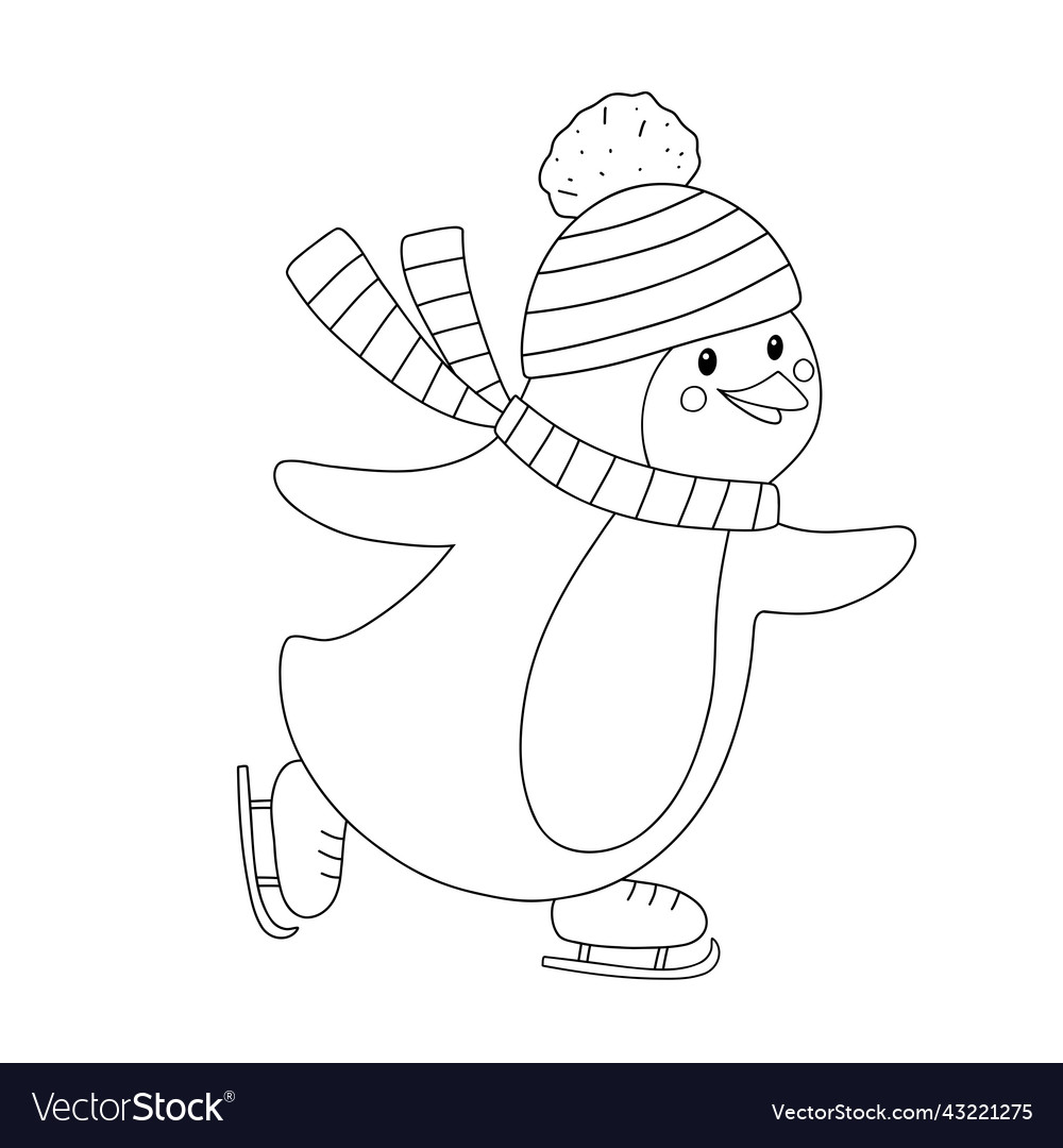 Outline penguin in hat and scarf skates on ice vector image