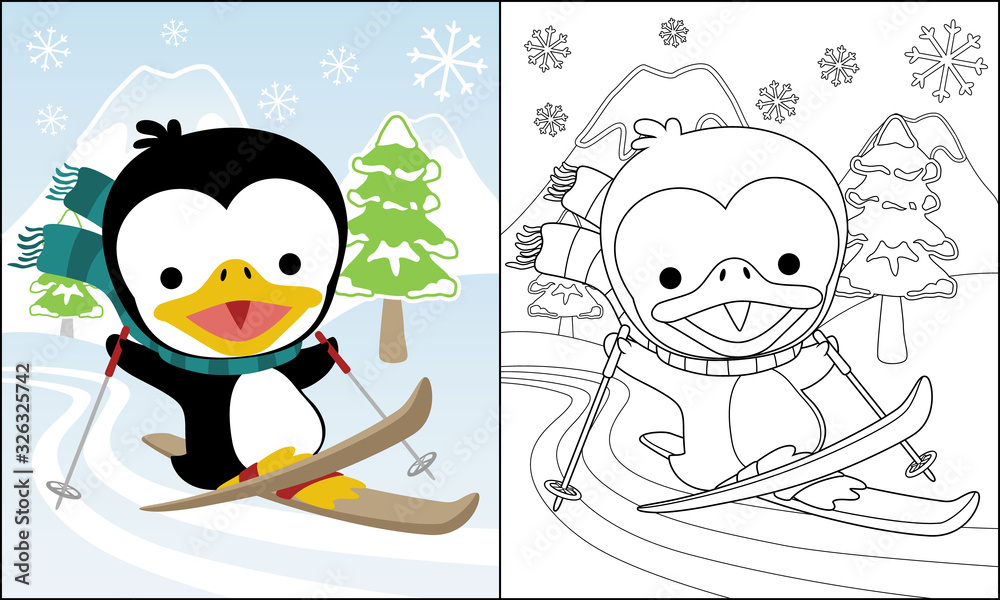 Cartoon penguin skiing in the snow mountaincoloring book or page vector