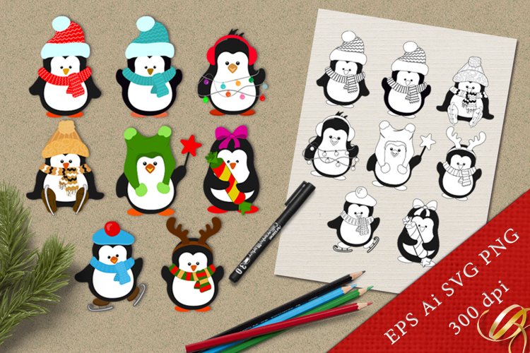 Funny winter penguins and coloring pages clipart