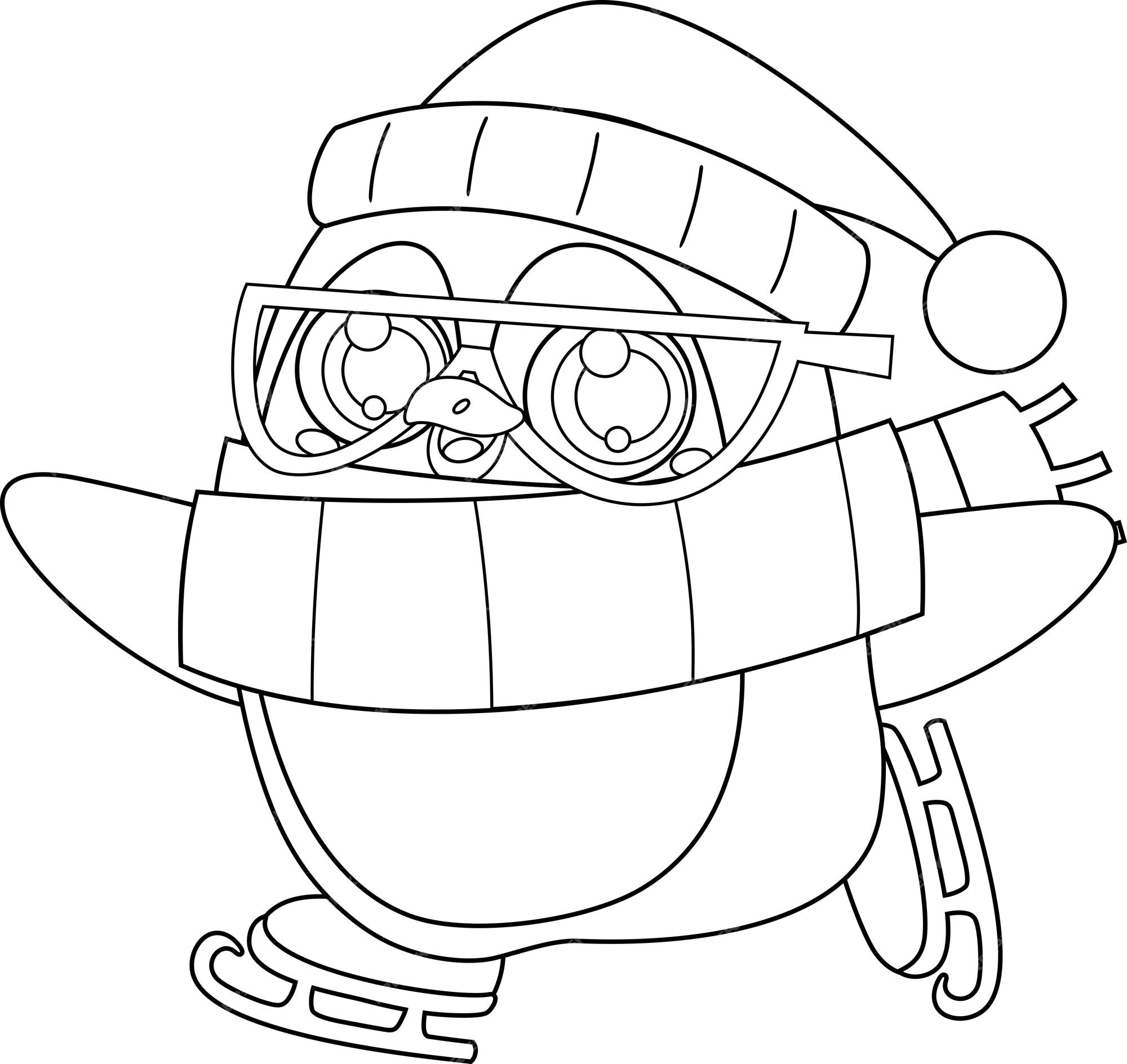 Premium vector outlined cute christmas penguin cartoon character on skates vector hand drawn illustration