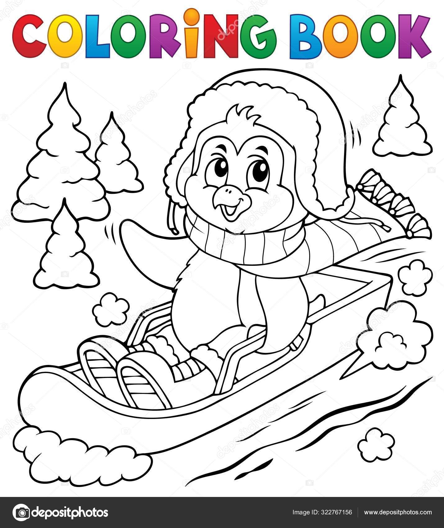 Coloring book penguin on bobsleigh stock vector by clairev