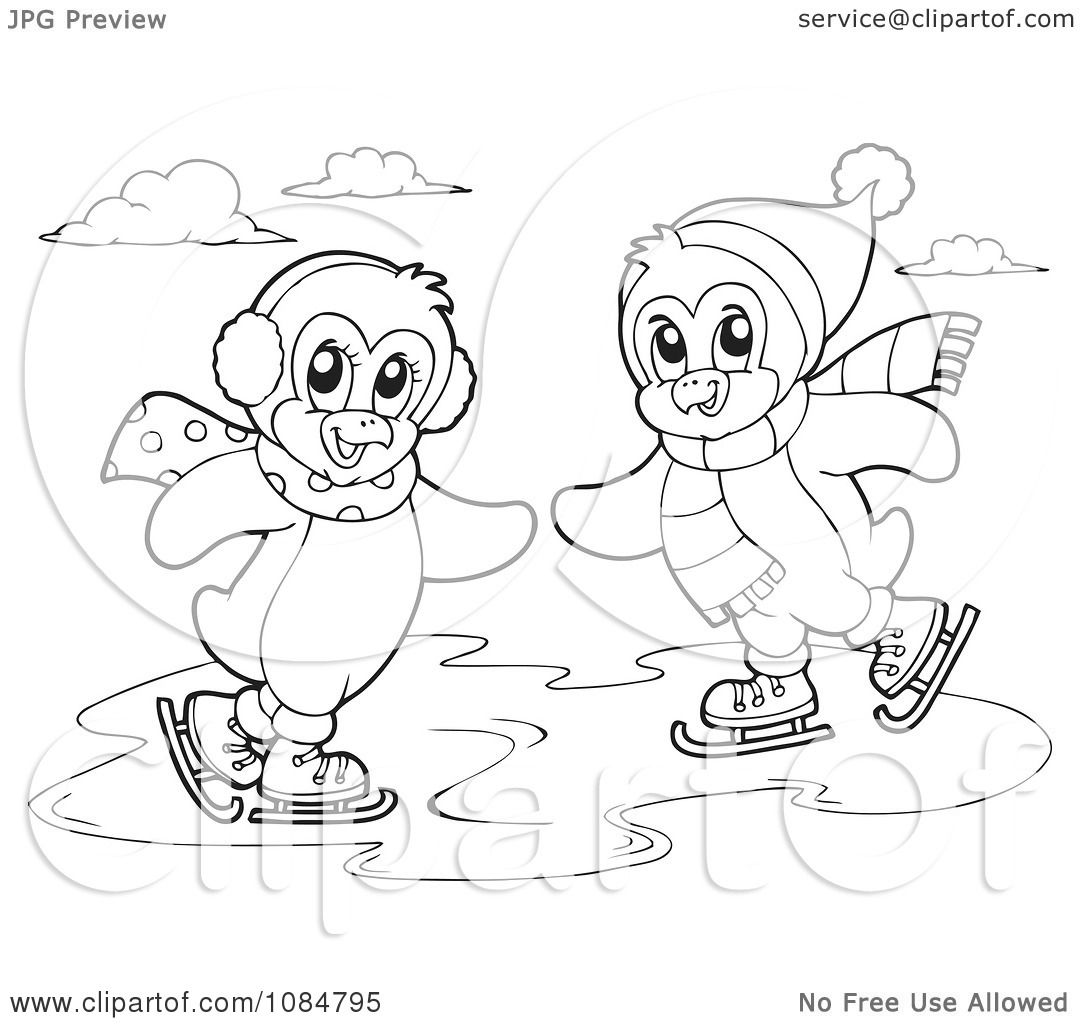 Clipart outlined penguins ice skating