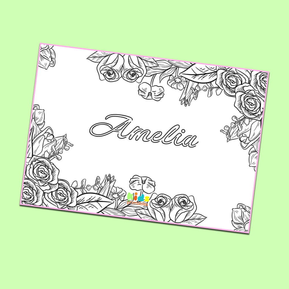 Personalized name coloring page roses theme kids