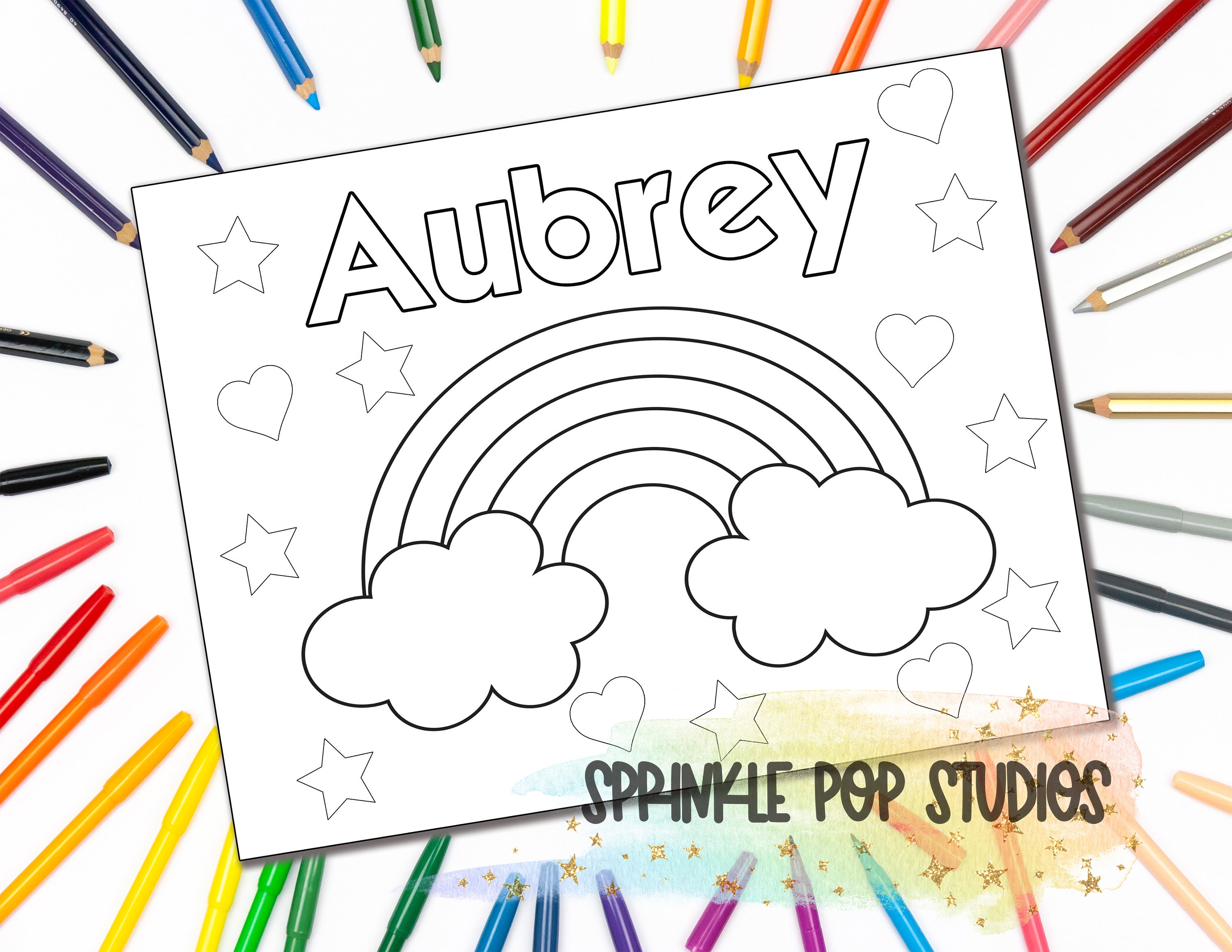 Personalized coloring page rainbow hearts stars custom coloring book page with name digital download coloring pages for kids