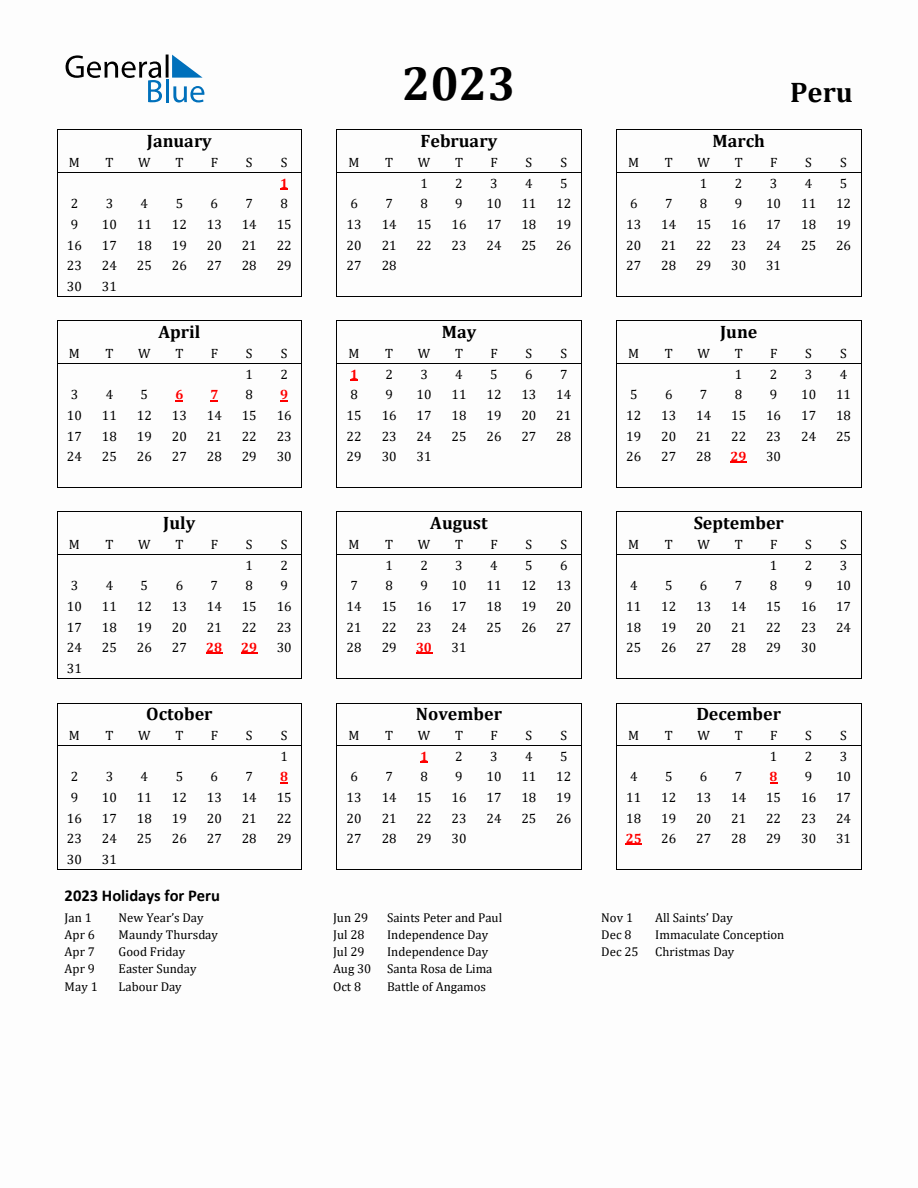 Free printable peru holiday calendar
