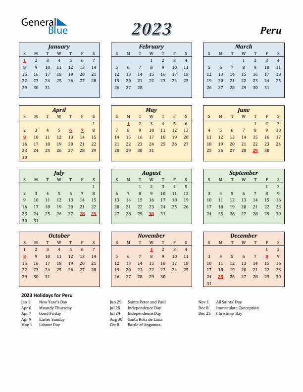 Peru calendar with holidays