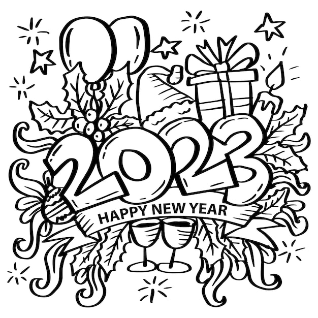 Premium vector coloring pages new years illustrations hand drawn doodles illustration