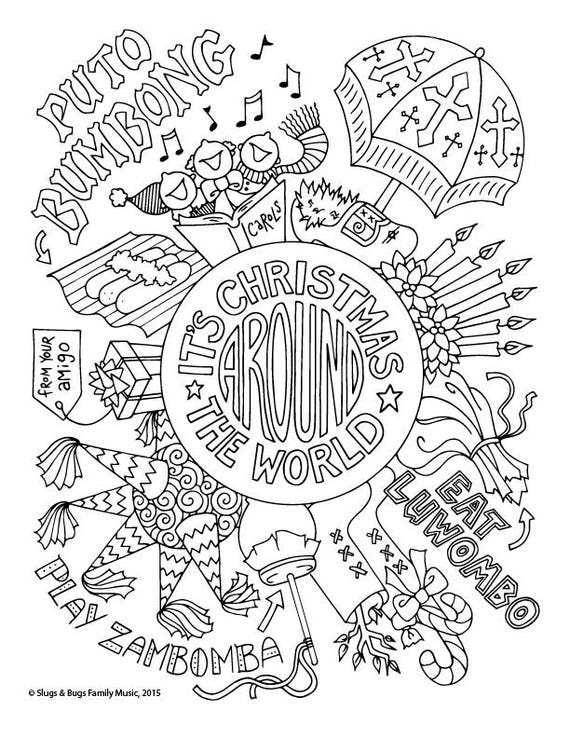 Christmas around the world coloring page kids holiday slugs and bugs printable download pdf