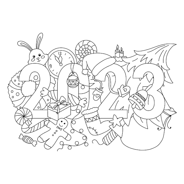 Premium vector new year hand drawn doodles as christmas tree gift wreath rabbit garland clock firecracker candles mittens bell gingerbread man vector children coloring page