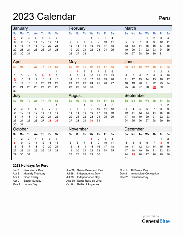 Peru calendar with holidays