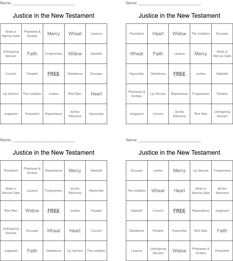Justice in the new testament bingo cards