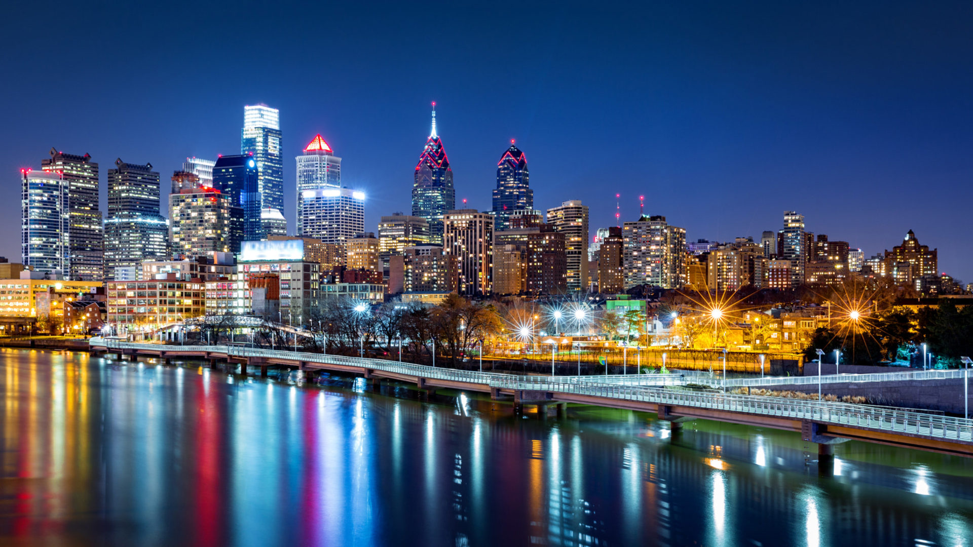 Philadelphia cityscape night reflected in schuylkill river city in pennsylvania united states desktop hd wallpaper for pc tablet and mobile