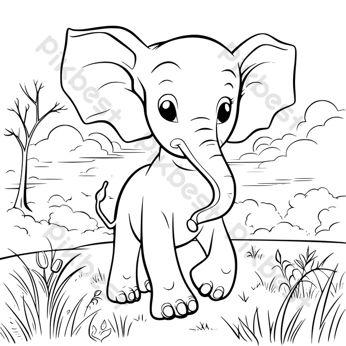 Baby elephant coloring page drawing for kids illustration ai free download