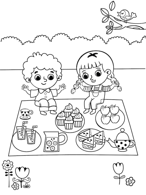 Premium vector coloring page in picnic theme leisure time activity for kids
