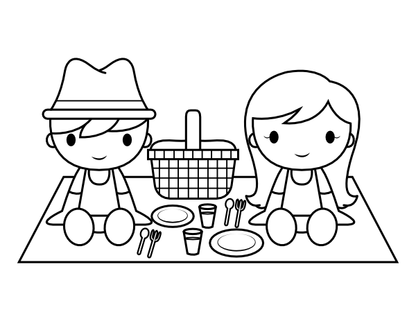 Printable kids and picnic supplies coloring page