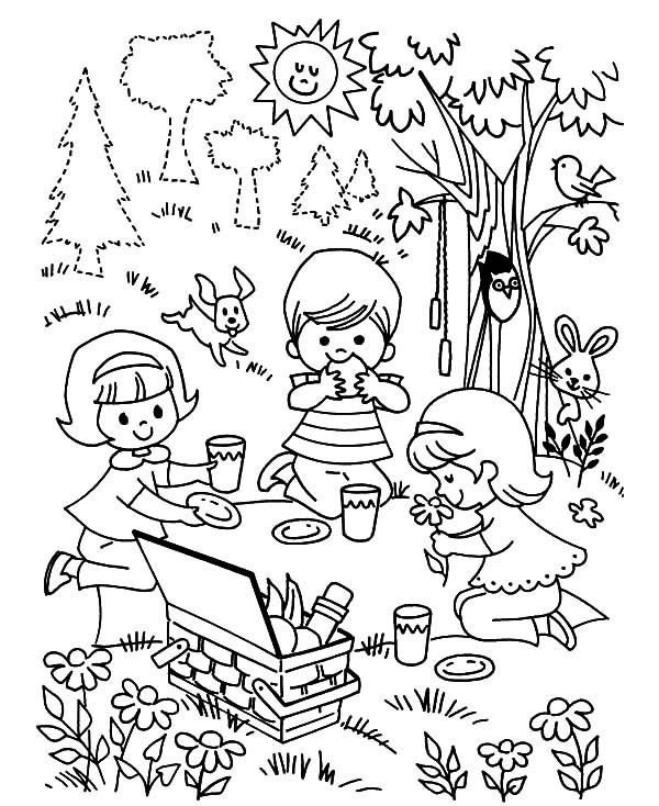 Three children playing family picnic coloring pages