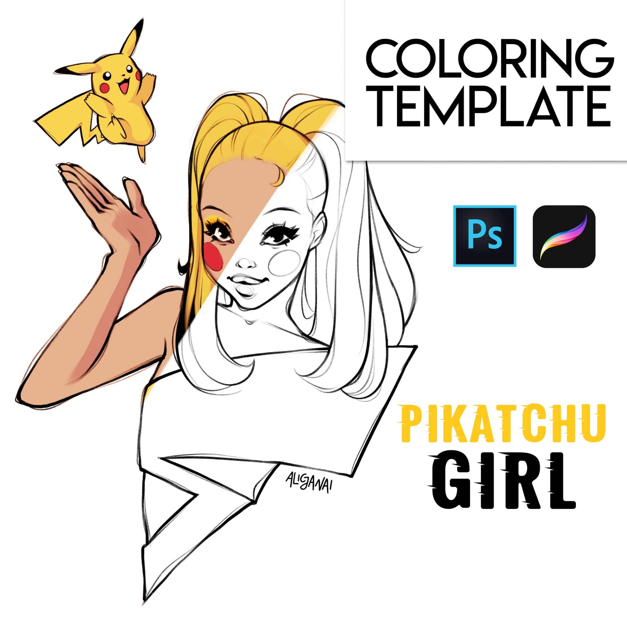 Pikachu girl coloring page for procreate photoshop and pdf