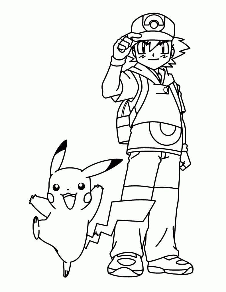 Cute pikachu and ash ketchum coloring page