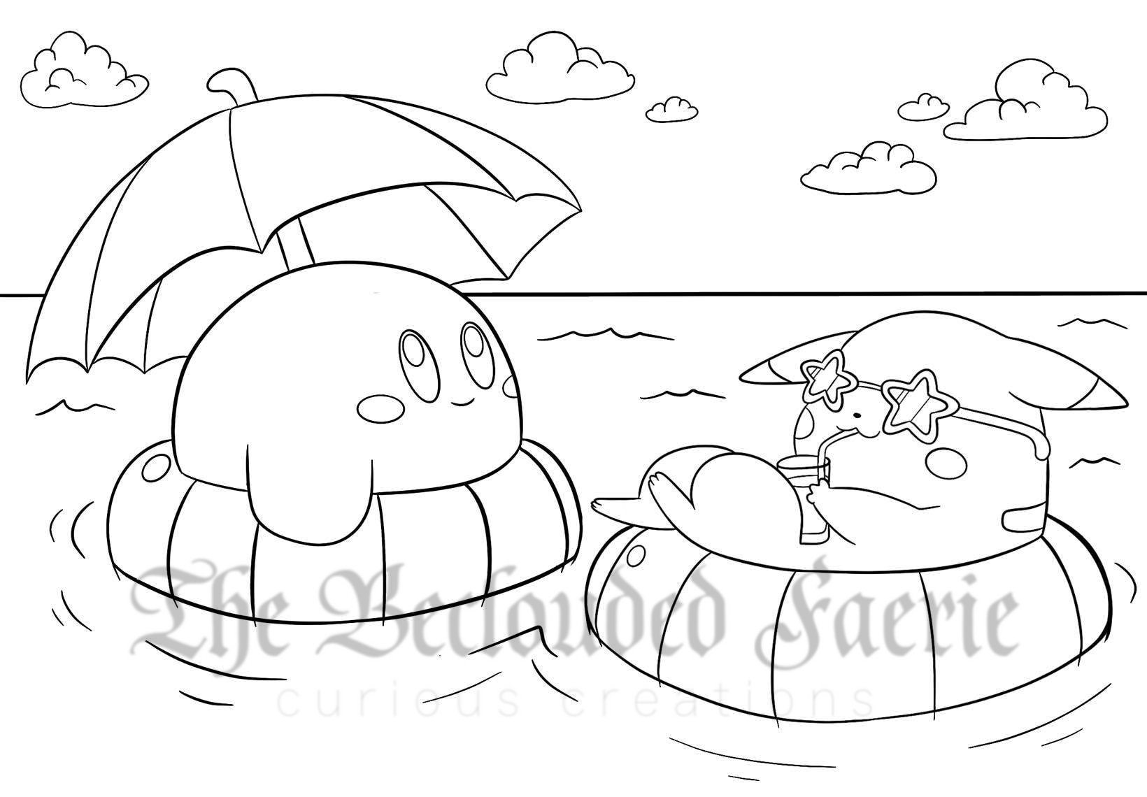 Kirby and pikachu summer ocean coloring page