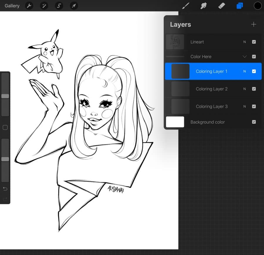 Pikachu girl coloring page for procreate photoshop and pdf