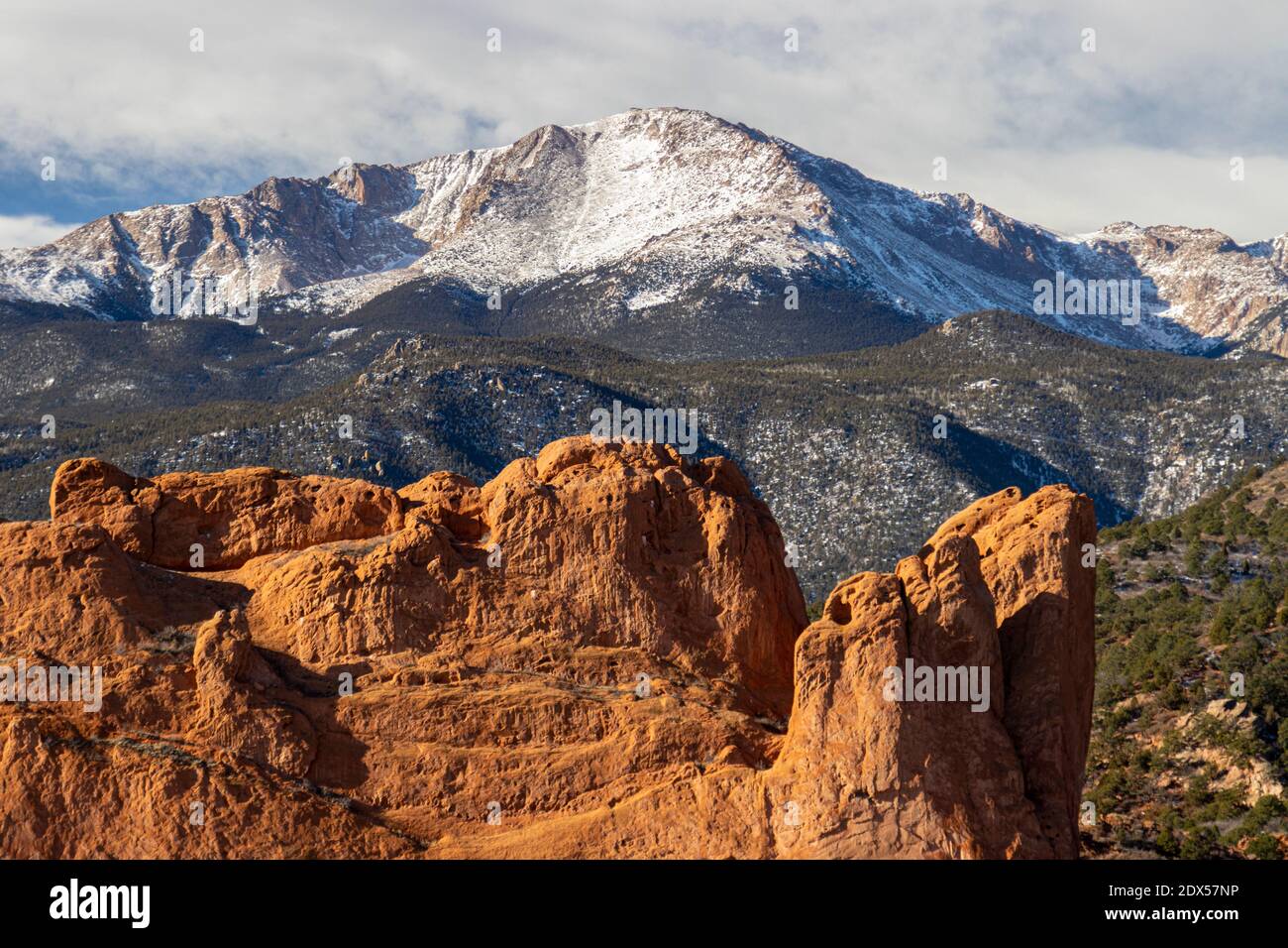 Beautiful view of garden of the gods and pikes peak colorado stock photo