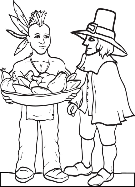 Printable pilgrim and indian coloring page for kids â
