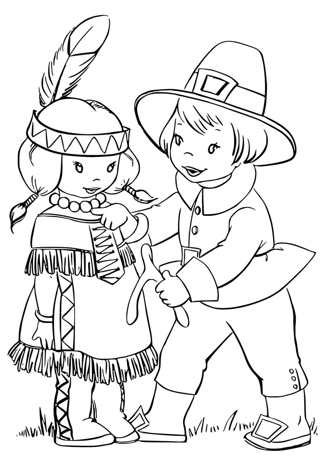 Free printable pilgrim meeting coloring page for adults and kids