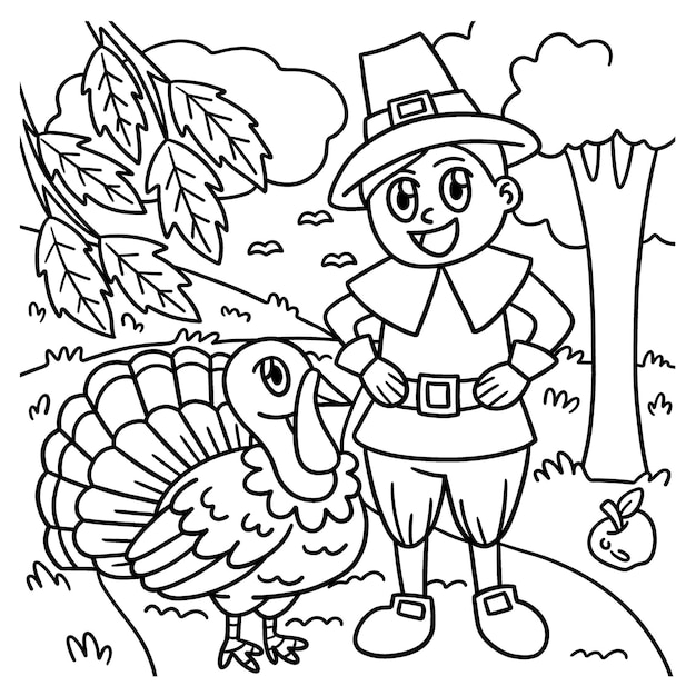 Premium vector thanksgiving pilgrim boy and turkey coloring page