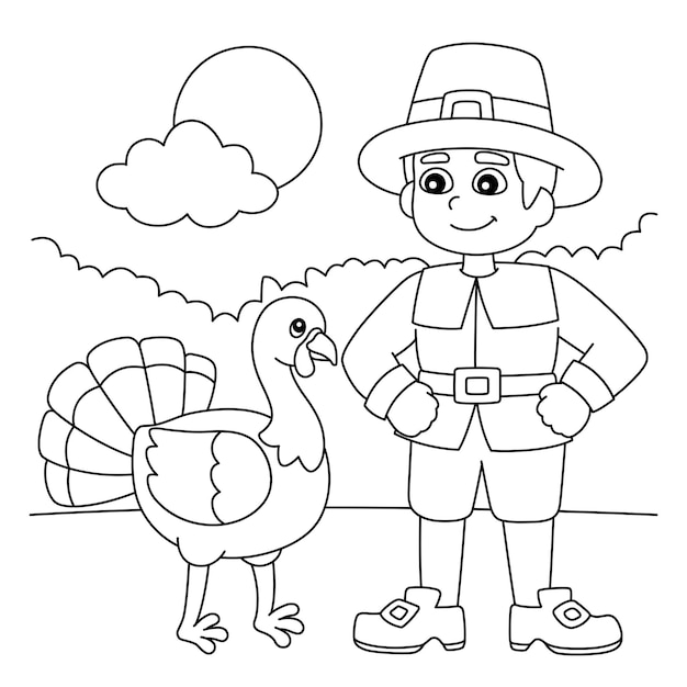 Premium vector thanksgiving pilgrim boy with turkey coloring page