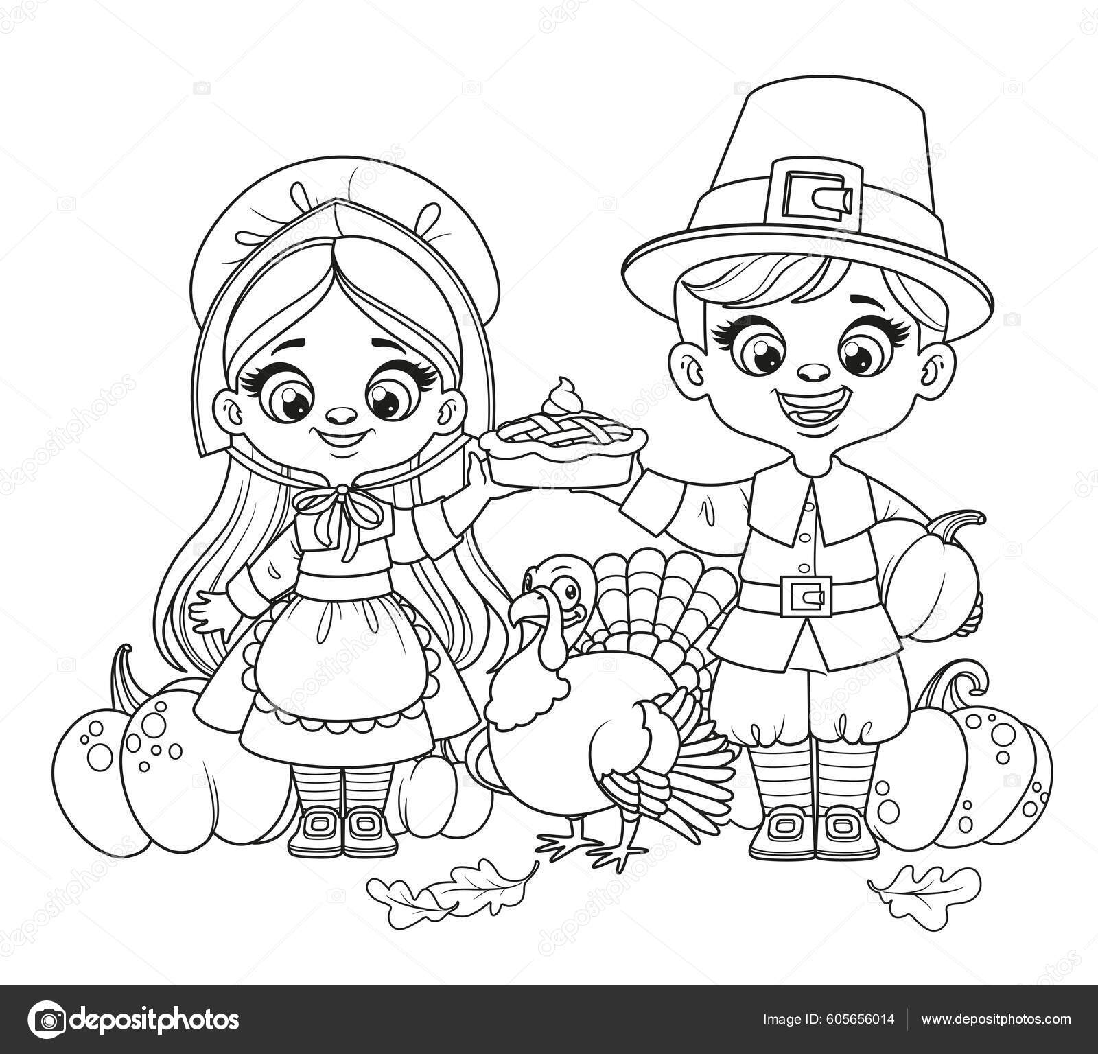 Cute cartoon pilgrims boy girl pie turkey coloring page white stock vector by yadviga
