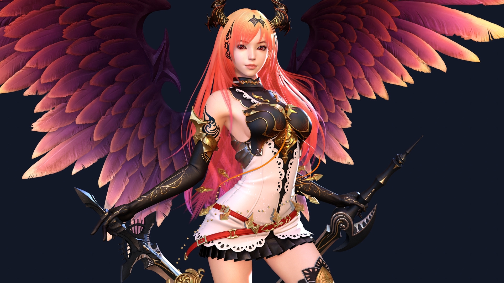 Wallpaper id fantasy wings girl shin jeongho angel pink horns free download