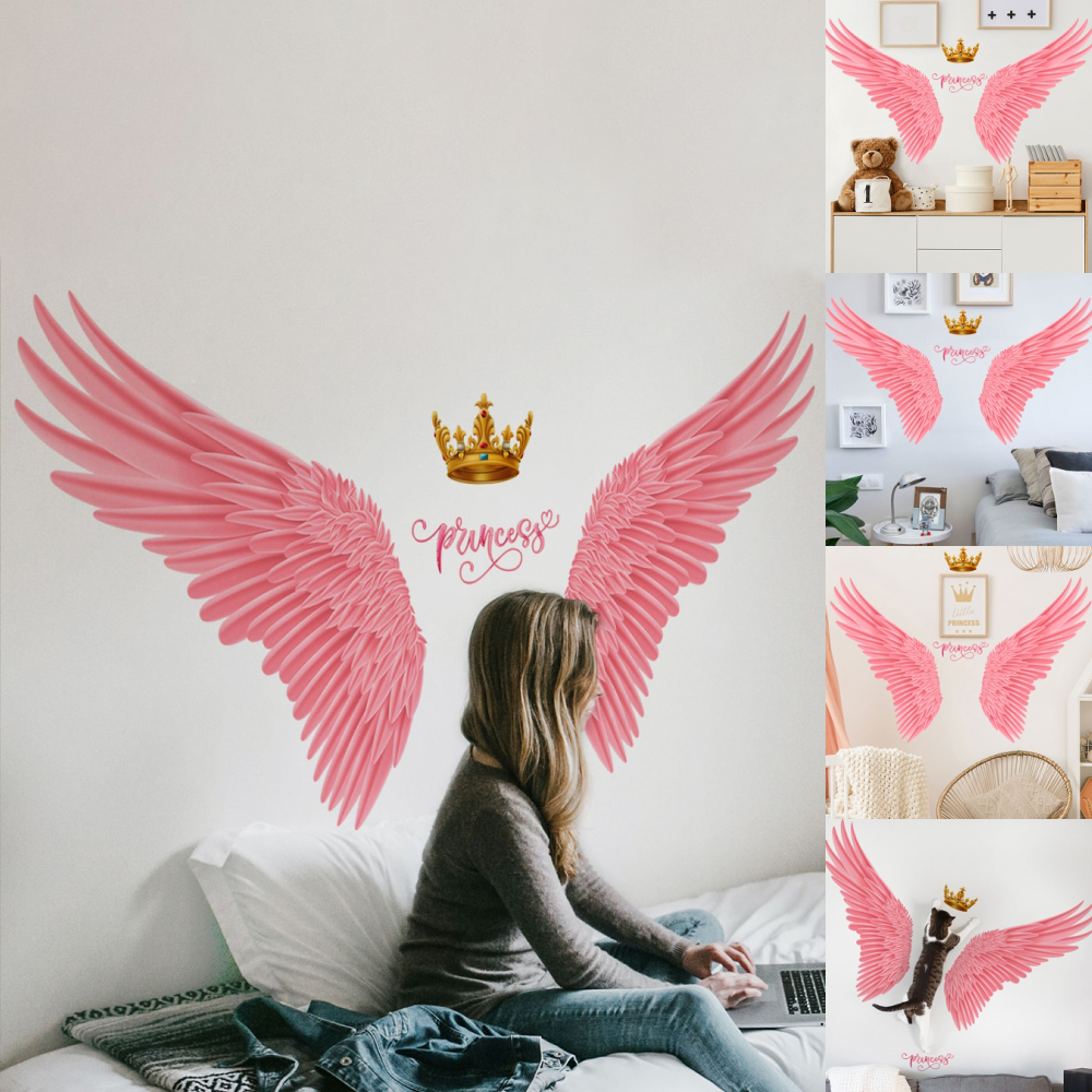 Goory pink angel wings removable peel and stick wall stickers creative dinning room art decor decal wallpaper self adhesive girls baby kids mural