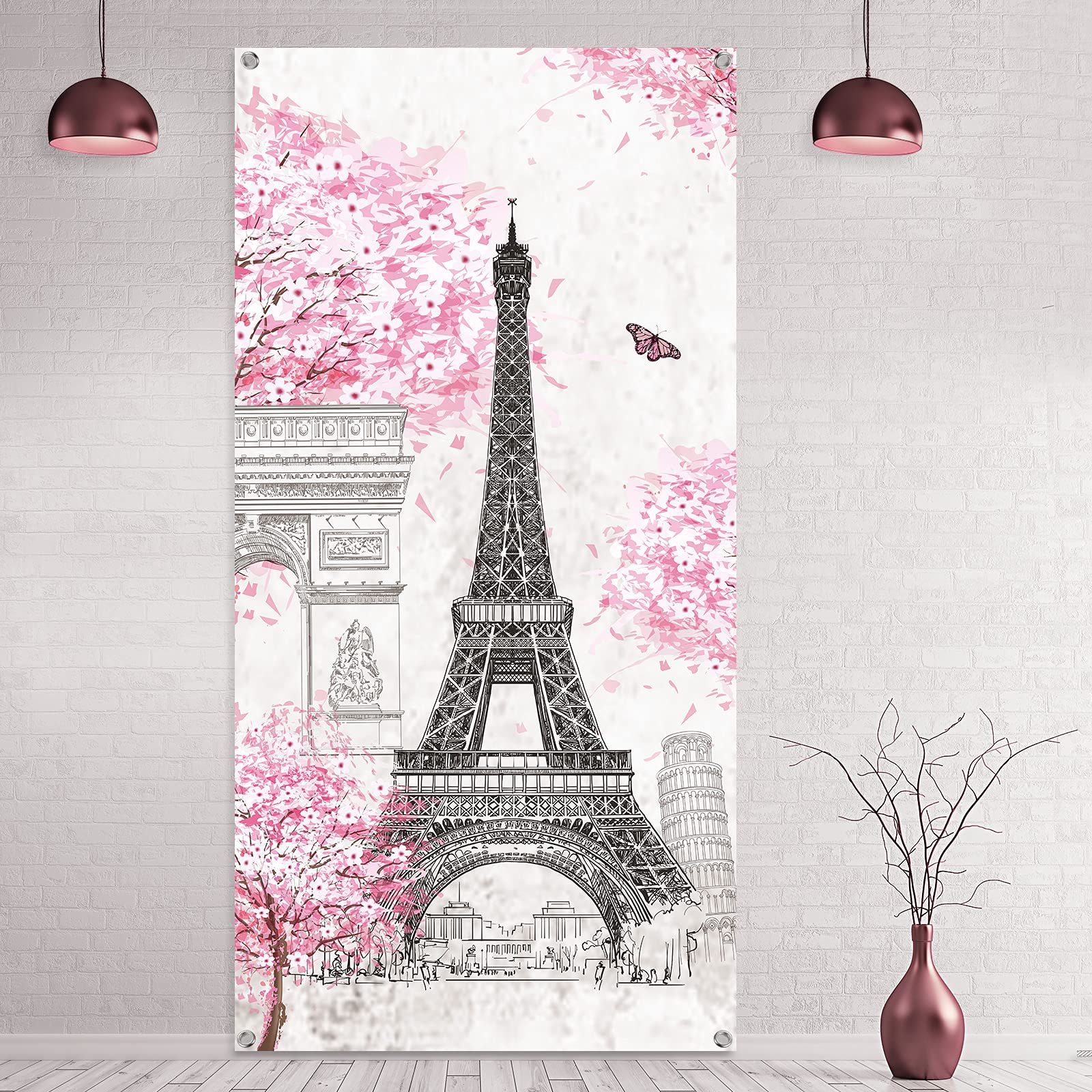 Pink paris eiffel tower paris backdrop eiffel tower background banner paris pink tree wall hanging decor