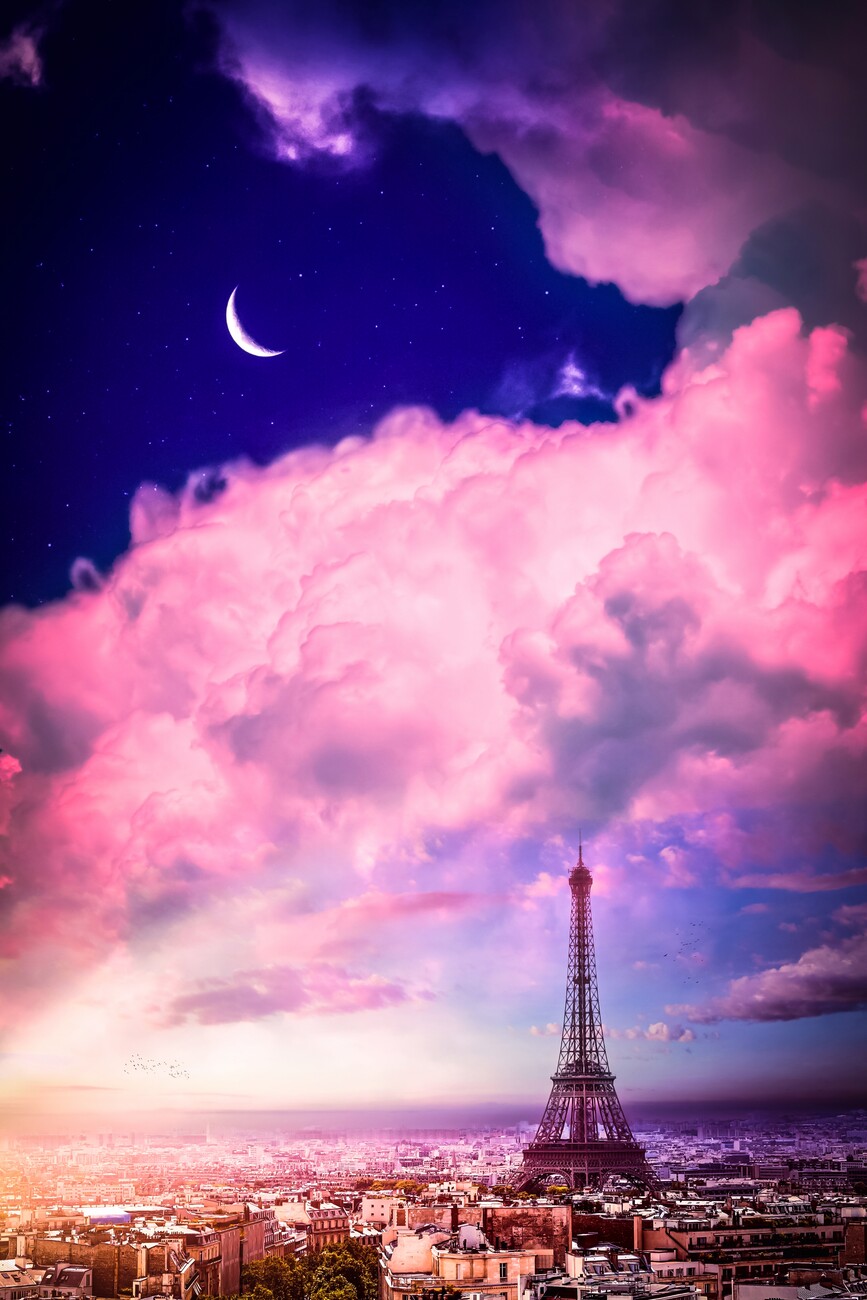 Paris eiffel tower pink clouds and crescent moon posters art prints wall murals motifs